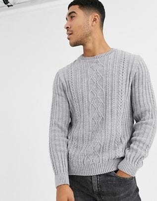 ASOS DESIGN knitted cable knit jumper in light grey twist