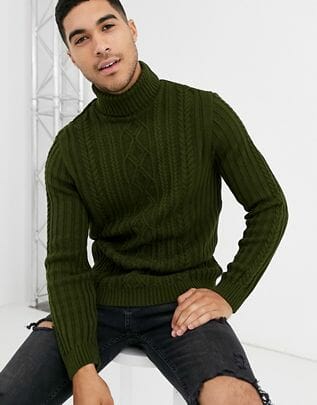 ASOS DESIGN knitted cable knit roll neck jumper in khaki