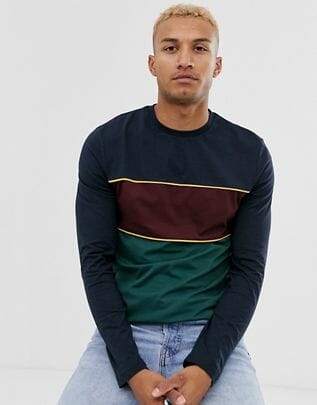 ASOS DESIGN long sleeve t-shirt with colour block in navy