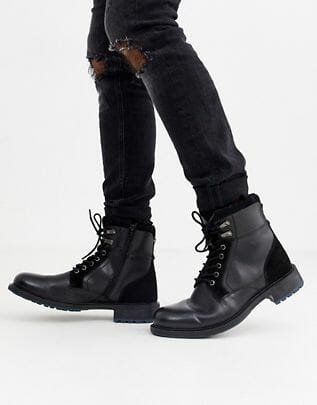 Dune leather chunky lace up boot in black