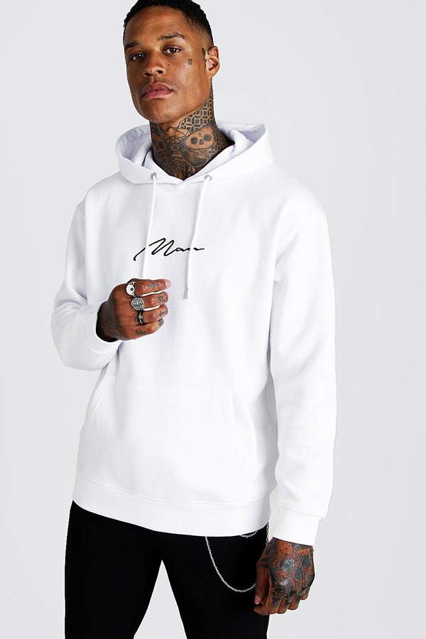 BoohooMAN man signature embroidered hoodie in white