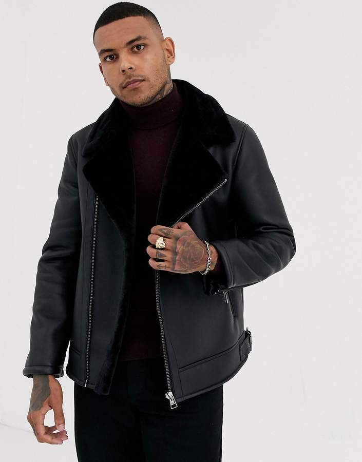 Topman shearling biker jacket in black